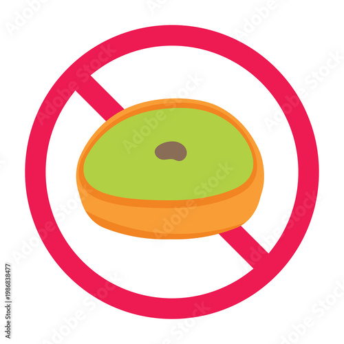 No sweet snack sign, forbidden sign with mud cake or kue lumpur icon, high calorie food prohibited symbol, no perishable food sign, forbidden fast spoiling food symbol