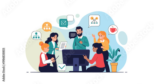 Diverse team of creative professionals having a brainstorming meeting and discussing project ideas around a large computer monitor.