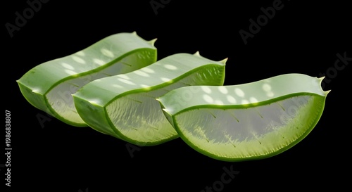 Sliced aloe vera plant leaves, translucent texture, with dark background