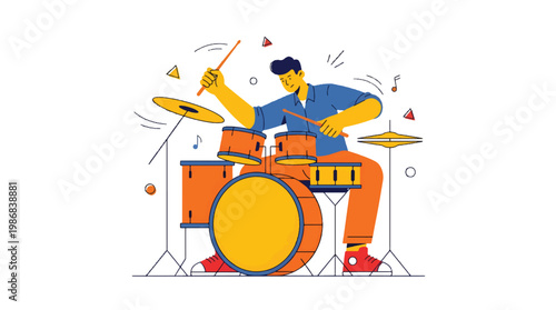 Drummer Playing Drum Set Flat Vector Illustration, Modern Music Performance Concept