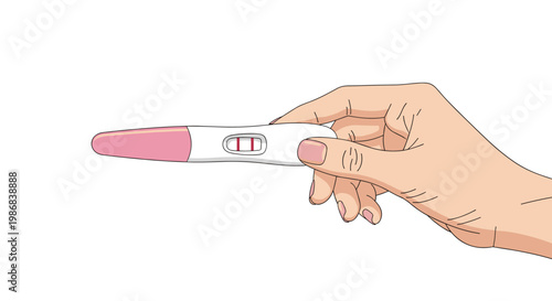Close up of a hand holding a medical pregnancy test strip showing two clear red lines indicating a positive and happy pregnancy result.
