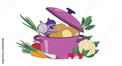 Large purple cooking pot filled with fresh seasonal vegetables like potatoes, carrots, onions, and cauliflower for a healthy homemade soup.
