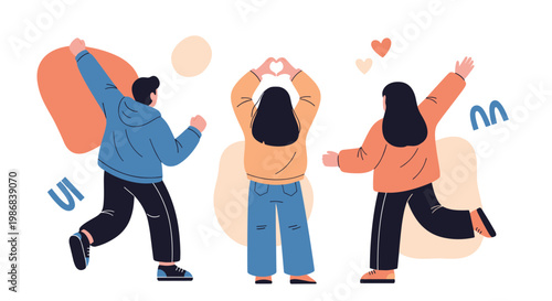 Group of three young friends seen from behind expressing joy and love through a heart hand gesture and raised arms against abstract shapes.