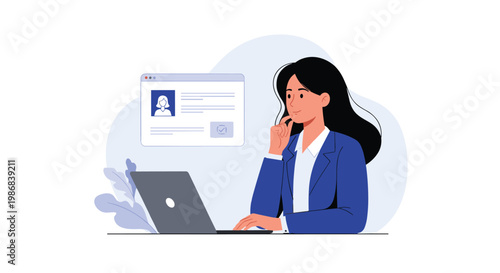 Focused professional woman sitting at her laptop thinking about a candidate profile shown on a digital interface during a hiring process.