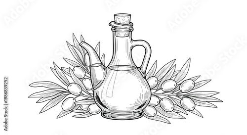 Vintage hand drawn sketch of a glass olive oil cruet decorated with elegant olive branches and ripe olives for a classic Mediterranean feel.