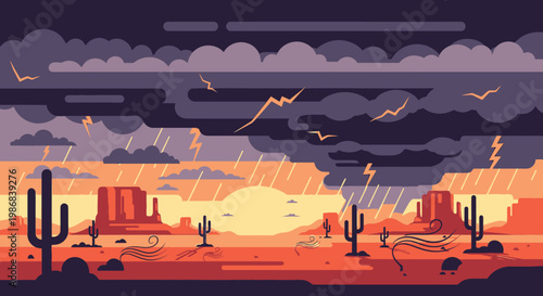 Cacti in desert landscape with clouds.
