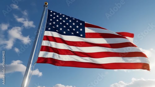 American flag waving majestically against a clear blue sky with scattered clouds