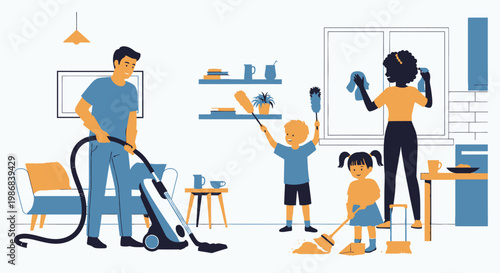 Family cleaning together at home.