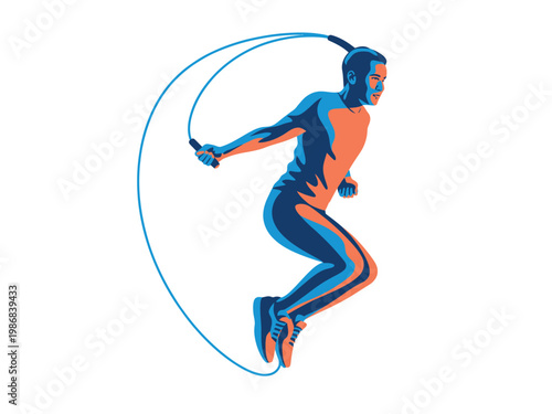 A fit woman jumping rope in a dynamic exercise routine with a blue and orange silhouette