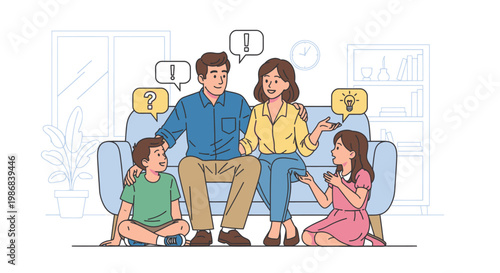 Family sitting on couch together.