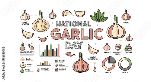 Overhead vector illustration celebrating national garlic day, showcasing garlic cloves and bulbs alongside infographics about the health benefits and culinary uses, presented
