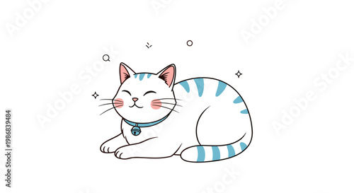 Contented white cat with blue stripes and a bell collar lying down and smiling surrounded by subtle sparkles in a cute cartoon style.