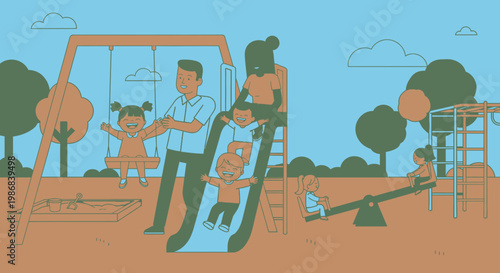 Father playing with children on swing.