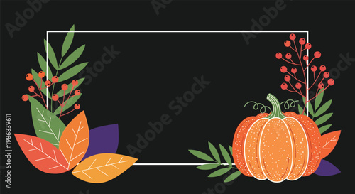 Elegant autumn frame featuring a bright orange pumpkin surrounded by colorful fallen leaves and red berries on a dark background.