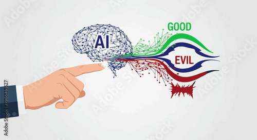 Human finger points at AI brain, branching into good and evil paths