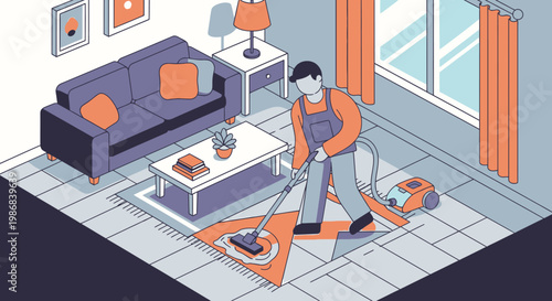 Man Cleaning Floor With Vacuum Cleaner.