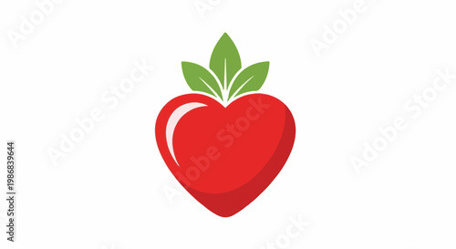 Heart shaped red fruit with green leaves on top