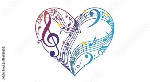 Heart shaped musical notes in a gradient from purple to blue