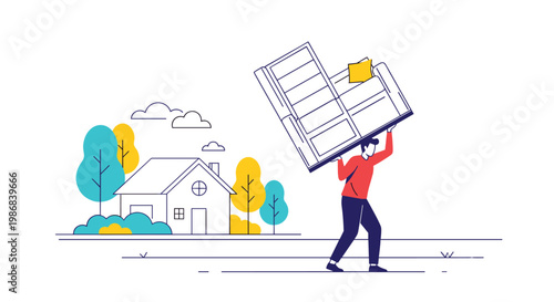 Strong man carrying a large sofa on his back towards a new home to illustrate moving day, heavy lifting, or professional relocation services.