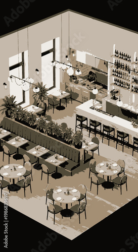 Modern restaurant dining area interior.