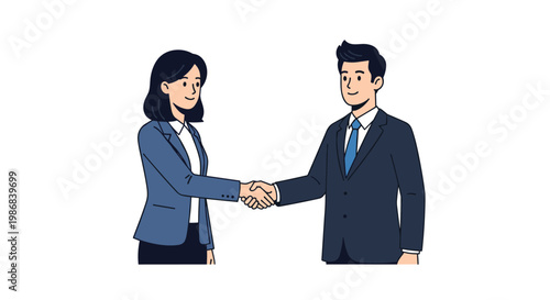 Professional man and woman in business suits shaking hands to finalize a deal or celebrate a new partnership in a clean corporate setting.
