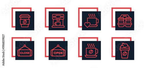 Coffee, paper cup, mug, open sign, close sign, espresso, cappuccino, latte, americano Icon Pack for Website, Apps and UI Interfaces