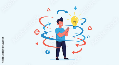Creative man standing with a glowing lightbulb idea above his head while arrows and icons swirl around him representing a brainstorming session.