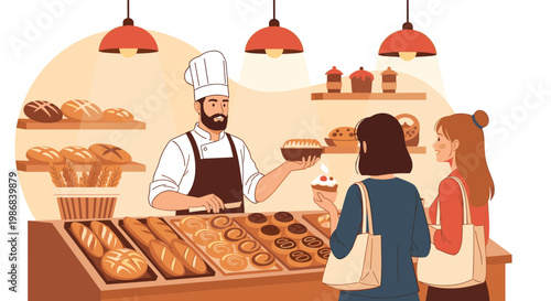 Friendly male baker in a chef hat and apron showing fresh pastries to female customers in a warm and inviting bakery shop interior.