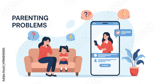 Stressed mother sitting on a couch with her young daughter while consulting a parenting expert via a video call on a large smartphone.