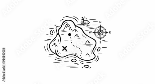 Hand drawn island map with treasure, ship, and compass