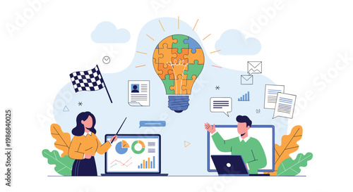 Innovative business team working together with a puzzle lightbulb idea and data charts to achieve success in a collaborative project.