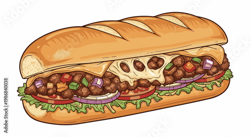 Hearty sub sandwich with melting cheese, ground meat, and colorful vegetables