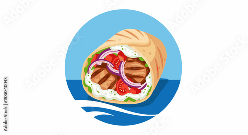 Hearty wrap with grilled meat, vegetables, and creamy sauce in a blue circular frame