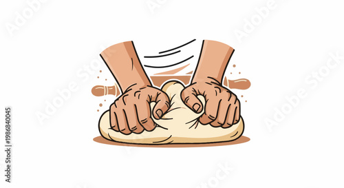 Hands kneading dough with a rolling pin in the background