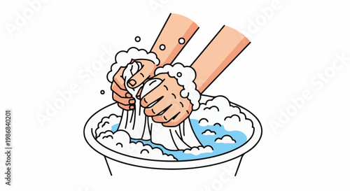 Hands washing clothes in a soapy water basin with bubbles