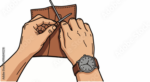 Hands with watch work on leather with needle and thread