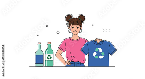 Environmentally conscious girl holding a recycled t-shirt next to glass bottles with recycling logos to promote sustainable living habits.