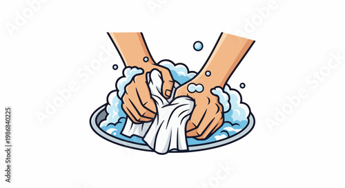 Hands washing white fabric in a bubbly basin