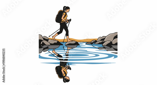 Hiker crosses water by stepping stones with reflection