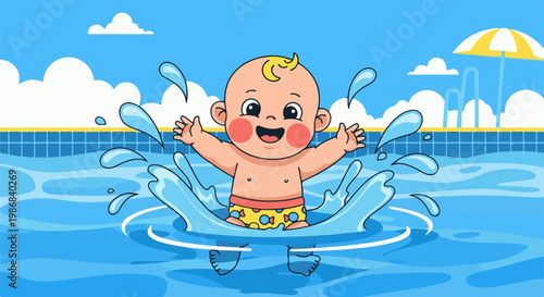 Happy baby splashing in pool with umbrella and slide in background