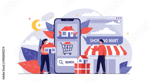 Young couple using a mobile app on a large smartphone to search for and purchase a new house in a modern real estate marketplace.