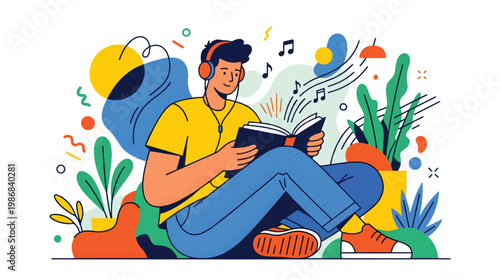 Modern Flat Vector Illustration of Person Reading Book with Earphones, Relaxed Lifestyle Concept
