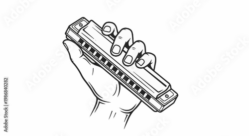 Hand holding a harmonica, black and white line drawing