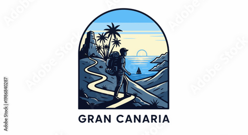 Hiker enjoys scenic coastal path with palm trees and ocean vista