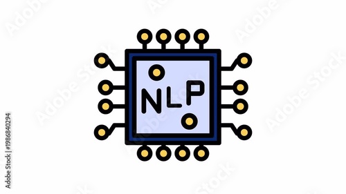 Stylized illustration of a computer processor with 'NLP' text, representing Natural Language Processing technology and artificial intelligence.