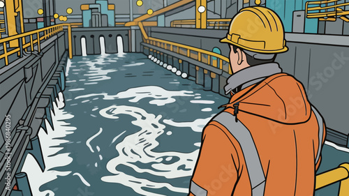 Worker Monitoring Water Flow in Industrial Plant