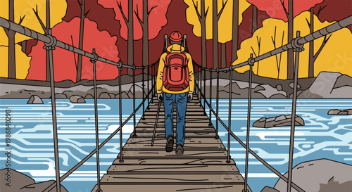 Hiker crosses wooden suspension bridge over river in autumn forest