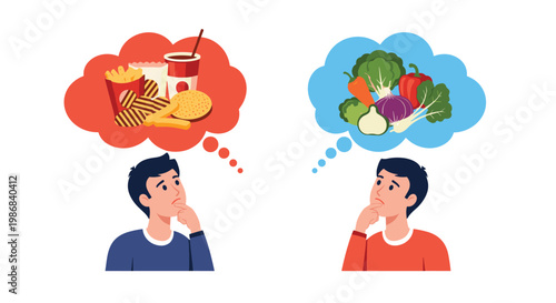 Young man thoughtfully comparing healthy vegetables in a blue bubble against unhealthy fast food in a red thought cloud.