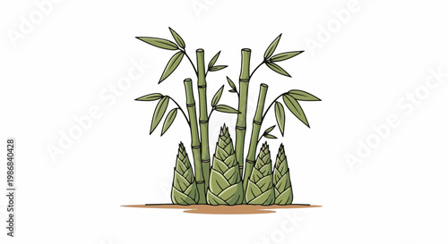 Green bamboo stalks with leaves and shoots rising from brown earth