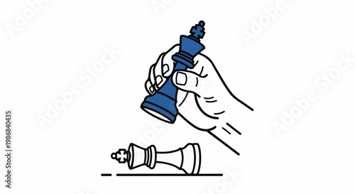 Hand holding blue king piece over fallen white king